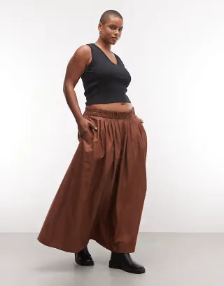 ASOS DESIGN Curve elasticated waist volume midi skirt in brown