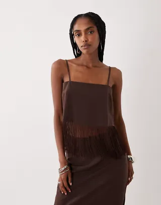 ASOS DESIGN linen blend fringe cami top set in chocolate