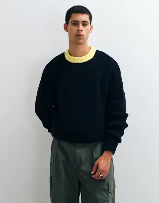 ASOS DESIGN oversized crew neck ringer sweater in black with yellow contrast neck