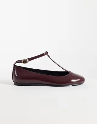 ASOS DESIGN Wide Fit Lulu T-bar ballet flats in burgundy