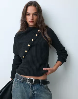 ASOS DESIGN knitted funnel neck split neck sweater with button detailing in black