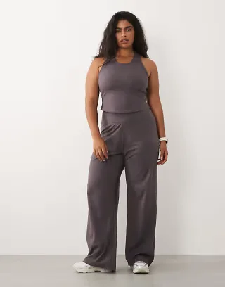 4505 Curve Icon Soft Touch racer back tank top with inner bra and high waist wide leg dance pants in storm gray
