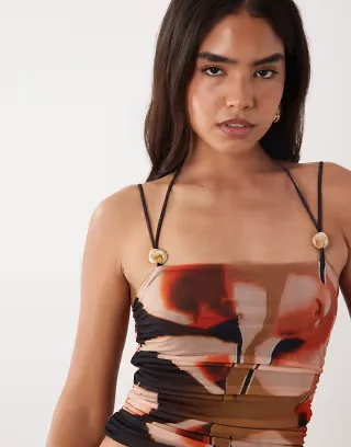 ASOS DESIGN mesh strappy halter neck cami with ruching in red bloom floral - part of a set