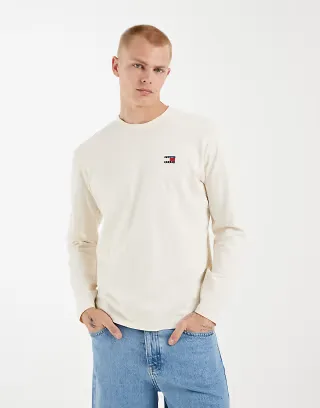 Tommy Jeans badge logo long sleeve T-shirt in beige