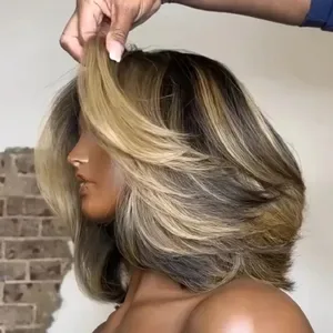 Highlight Blonde Layered Curly Short Bob Body Wave Human Hair Wig 16 Inch Brazilian Remy Preplucked Glueless Wear-and-Go