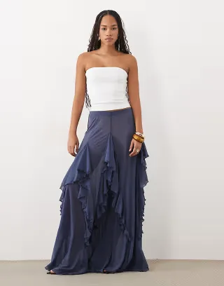 ASOS DESIGN frill detailing mesh maxi skirt in blue