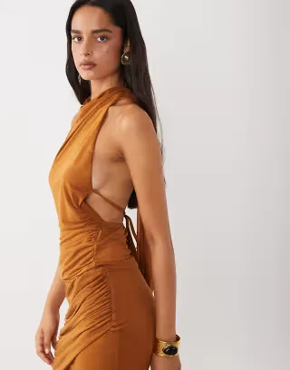 ASOS DESIGN set stretch chiffon draped open back halter in ginger