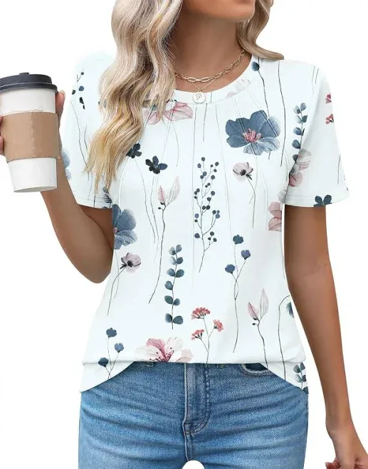 Rapbin Women's Casual Crew Neck Pleated Short Sleeve T-Shirt