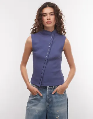 Weekday asymmetric button down mock neck top in navy