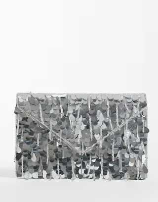 True Decadence envelope clutch bag in silver sequin
