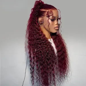 Brazilian 99J Burgundy 40 Inch Deep Wave Frontal Wig 13x4 Garnet Red Curly Lace Front Simualtion Human Hair Wigs Prepluc