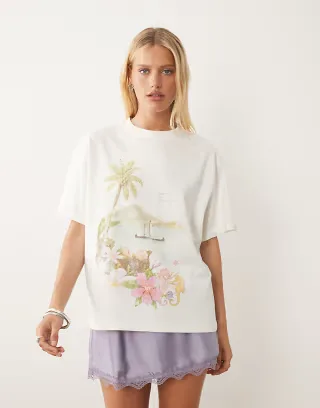ASOS DESIGN oversized T-shirt with watercolor beach graphic in cream