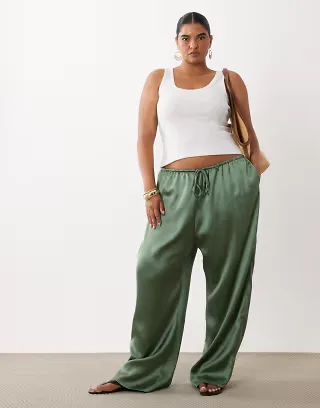 ASOS DESIGN Curve satin wide leg pull on pants in khaki