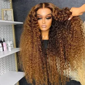 360 Hd Lace Highlight Human Hair Wigs Curly Ombre Colored Honey Blonde Water 13x4 Deep Wave Frontal Wig Synthetic 032
