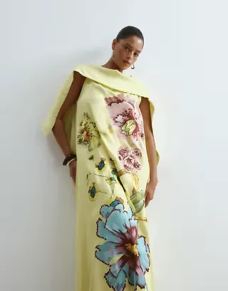 ARRANGE Curve large botanical floral satin drape maxi dress in lime green