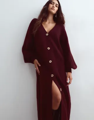 ARRANGE alpaca knit balloon sleeve button through maxi dress in burgundy