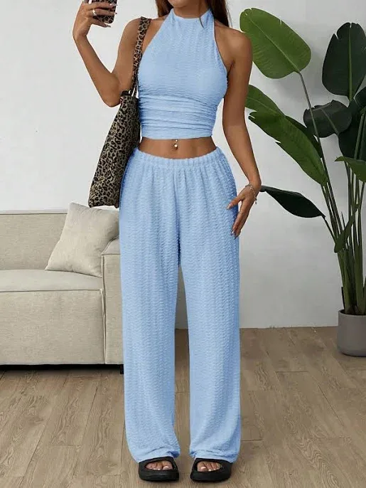 SHEIN Light Blue Knitted Women's Casual Tight-Fitting Lounge Set,XXS