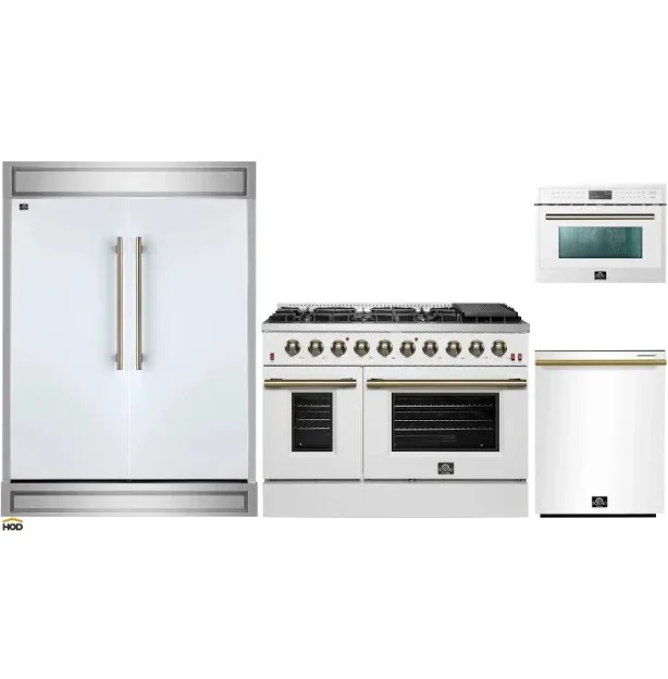 Forno 4-Piece Appliance Package - 48-Inch Gas Range, 60-Inch Refrigerator, Dishwasher, & 24-Inch Microwave Oven in White