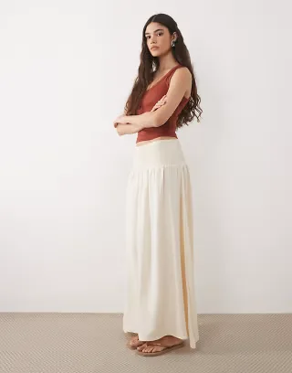 ASOS DESIGN linen blend shirred waist maxi skirt in ivory