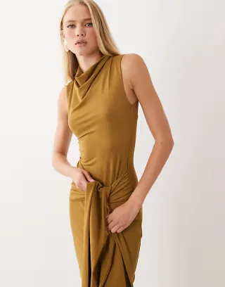ASOS DESIGN halterneck with tie detail midi dress in khaki