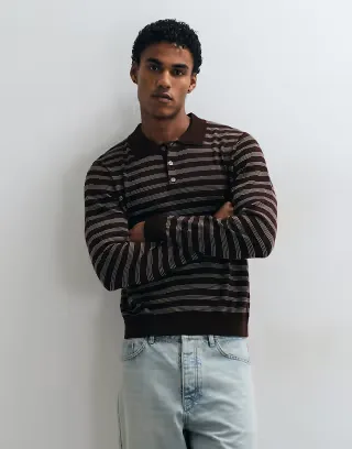 ARKET merino wool knitted polo in brown striped print