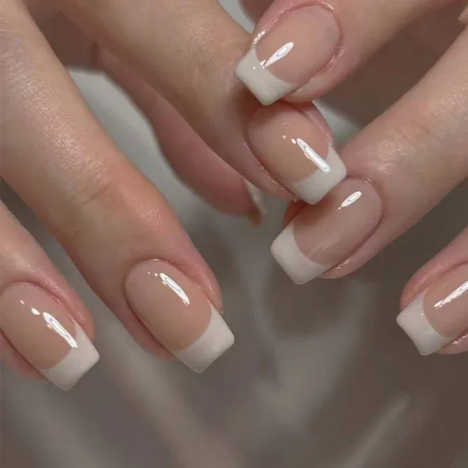 24Pcs Medium Square Press On Nails Acrylic Designs French Tip Jelly False Nails Simple Plain Spring Girls Women Nail Sup