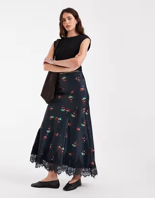 ASOS DESIGN satin fishtail maxi skirt in cherry print
