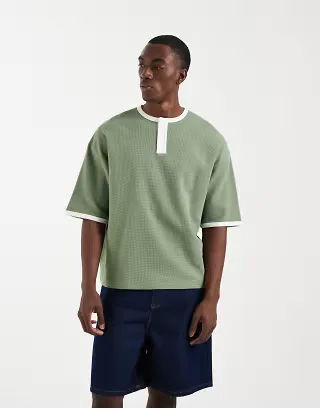 ASOS DESIGN boxy oversized T-shirt with henley neck in mid green waffle