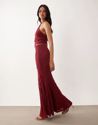 ASOS DESIGN lace fishtail maxi skirt in burgundy, part of a set