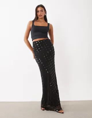 AFRM Tegan sequin mesh high rise ruffle hem maxi skirt set in black