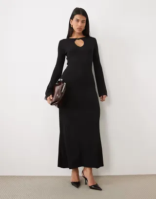 Pretty Lavish keyhole detail long sleeve knit maxi dress in black