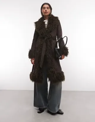 Azalea Wang Gilda coat with faux fur trim in chocolate brown