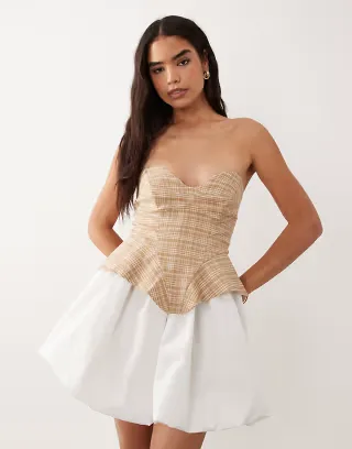 ASOS LUXE bandeau tailored mini dress in plaid with cotton bubble hem contrast