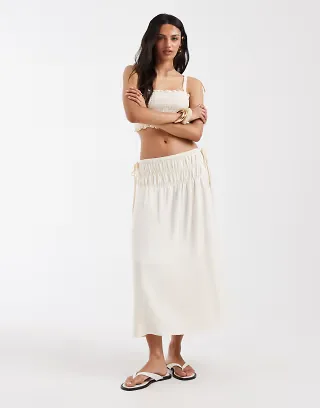 ASOS DESIGN linen look shirred waist maxi skirt in ivory - part of a set