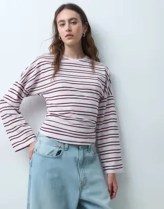 Pieces waist detail long sleeve oversized t-shirt in orchid ice stripe