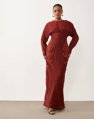 ASOS DESIGN crinkle satin embroidered long sleeve maxi dress in burgundy