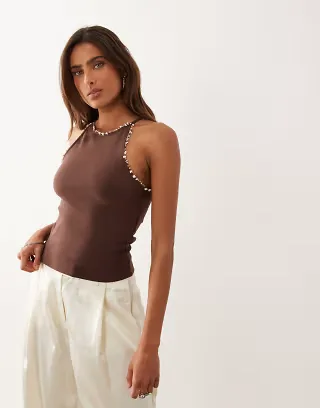 ASOS DESIGN compact cotton racer top with bead detail in chocolate
