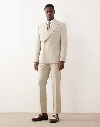 ASOS DESIGN slim suit with linen in stone pinstripe