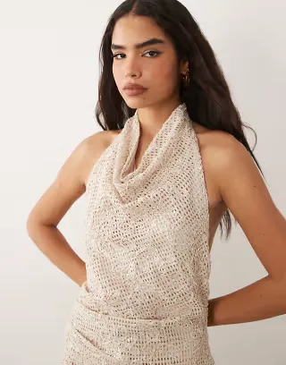 ASOS DESIGN sequin crochet cowl halterneck mini dress in natural