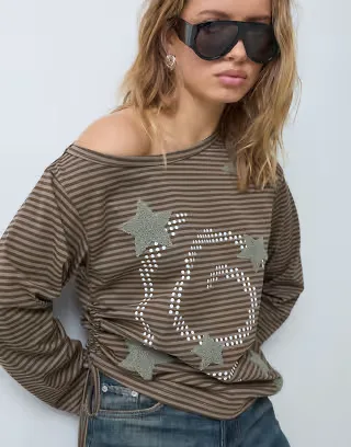 Aelfric Eden star patch off shoulder long sleeve top in stripe