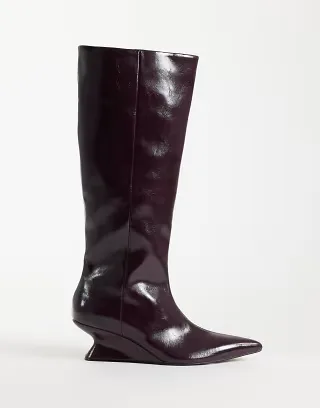 ASOS DESIGN Cinder wedge heeled pull on knee boots in burgundy