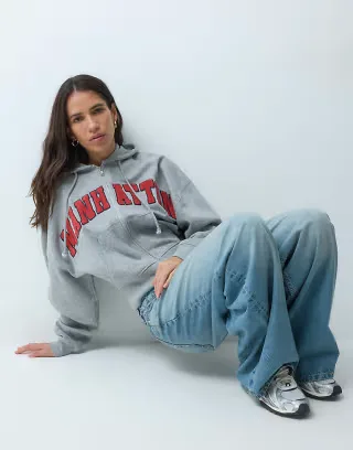ASOS DESIGN Zip through hoodie with Manhattan chenille embroidery in dove gray