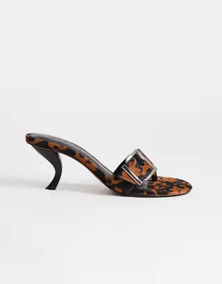 Topshop Nadine real hair-on-leather mid heel mules with buckle in leopard print