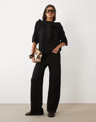 ASOS DESIGN wide leg pants with wool in black - part of a set