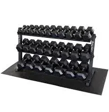 FitnessFactory.com 5-70 lb. Rubber Hex Dumbbell Set with Heavy Duty Storage Rack