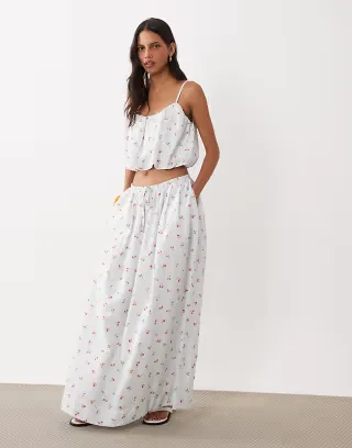 ASOS DESIGN circle skirt in blue stripe with floral print cotton poplin - part of a set