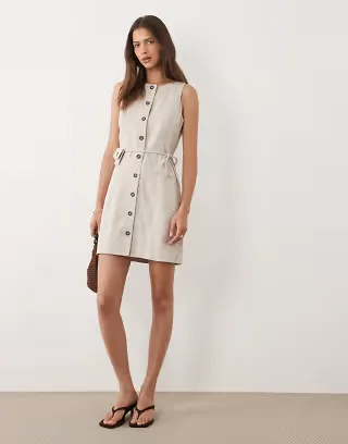 YAS linen blend tailored mini dress with coin purse tie detail in white pepper