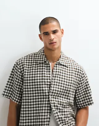 Selected linen blend short sleeve shirt in brown plaid
