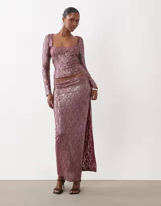 ASOS DESIGN set foiled lace high split midi pencil skirt in burgundy