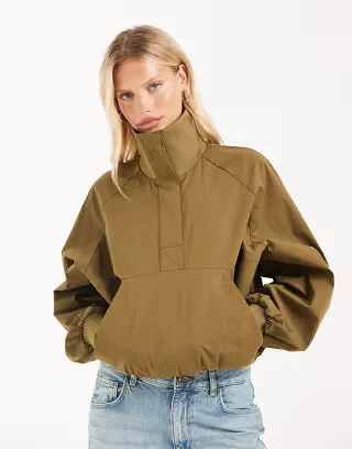 ASOS DESIGN techy funnel neck drawstring hem sports jacket in olive
